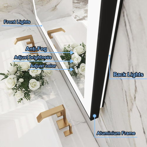 Detjon Black Framed Anti Fog LED Lighted Dimmable Wall Mounted Bathroom Vanity Mirror 